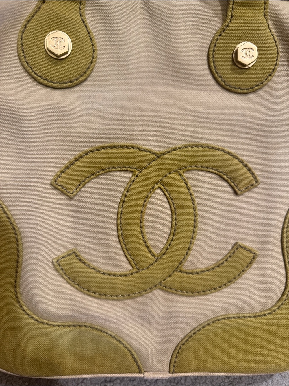 CHANEL Olive Green Trim Beige Canvas Tote with Interlocking CC